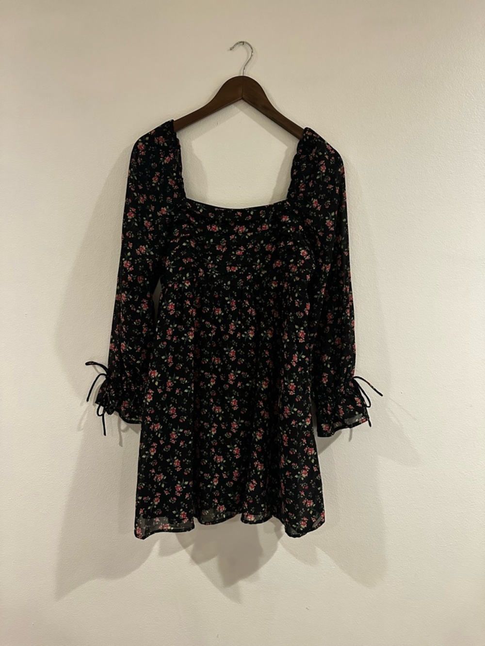 Japna Black Mini Dress Square Neck with Floral Print